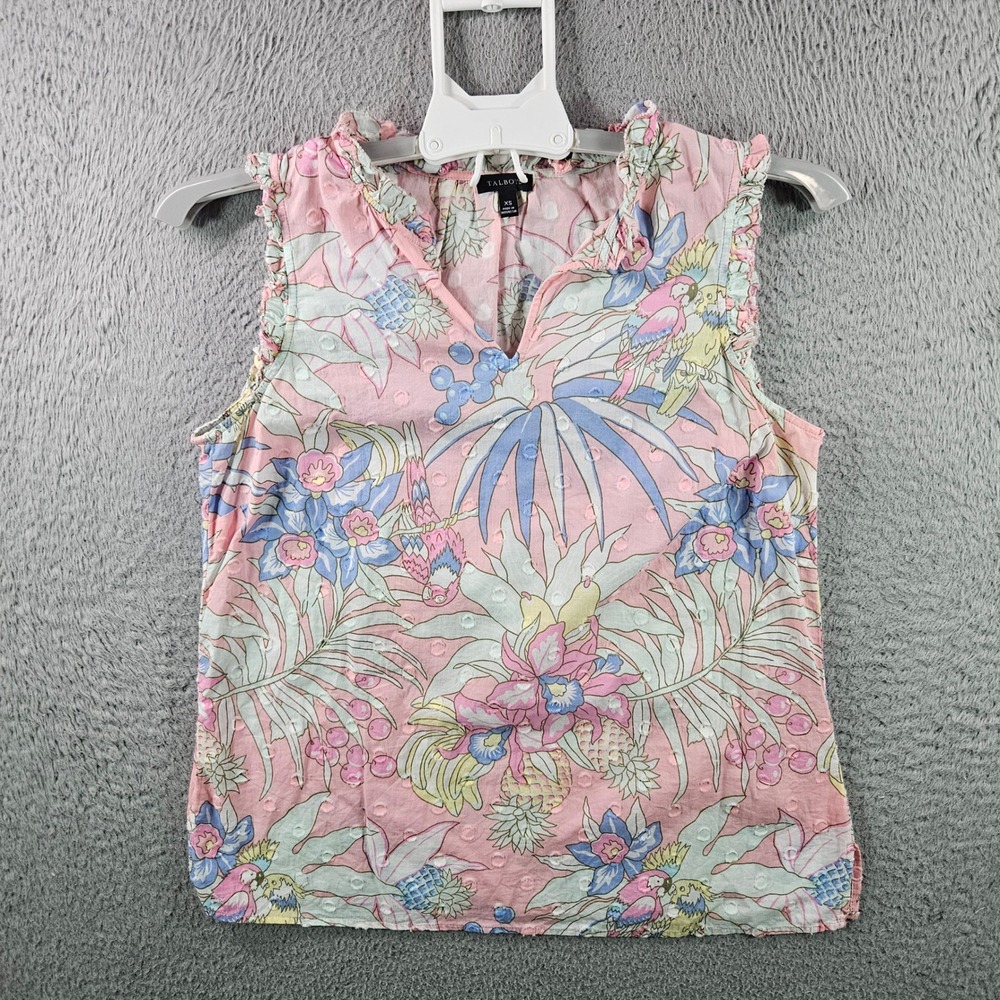 Talbots Women's Pink Floral Parrot Tropical Sleeveless V Neck Blouse Top XS